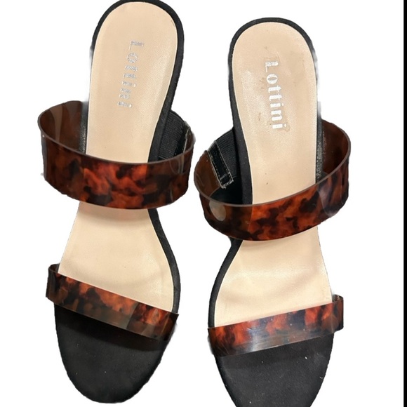 Lottini tortoise design high‎ heel wrap sandal, size 8.5. - Picture 1 of 5